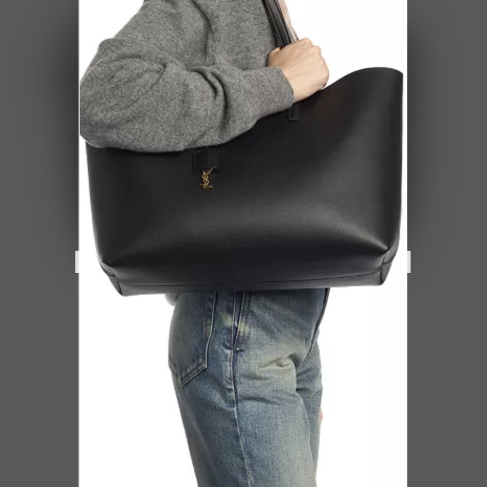 Saint Laurent Black Leather Tote with Gold Accent